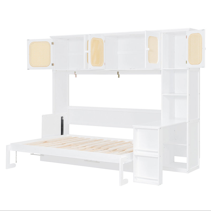 Lit escamotable double avec bureau et armoires en rotin, lit mural peu encombrant pour le bureau personnel, blanc chaud