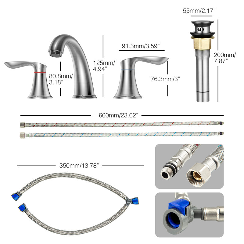 Bathroom Faucet, 8 Inch Bathroom Faucets for Sink 3 Hole, Widespread Brushed Nickel Bathroom Faucet with Pop up Drain and cUPC Non-toxic Hose