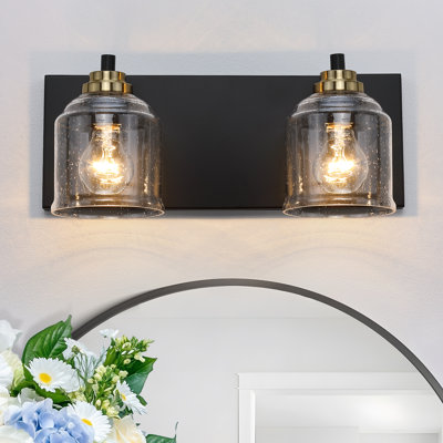 Modern Farmhouse Dimmable Bathroom Vanity Light with Seeded Glass and One-Piece Backplate