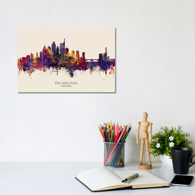 Philadelphia Skyline Red Beige by Michael Tompsett - Wrapped Canvas Print