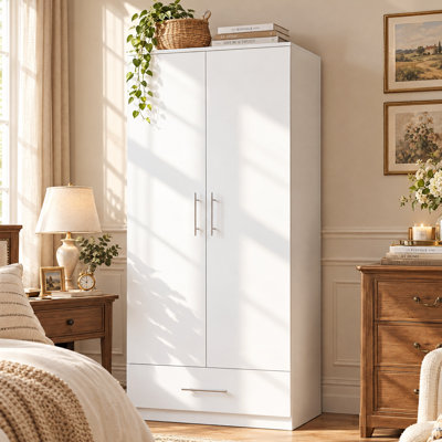 31.5" W 2-Door Wardrobe Armoire with Hanging Rod, Interior Shelf and Bottom Drawer