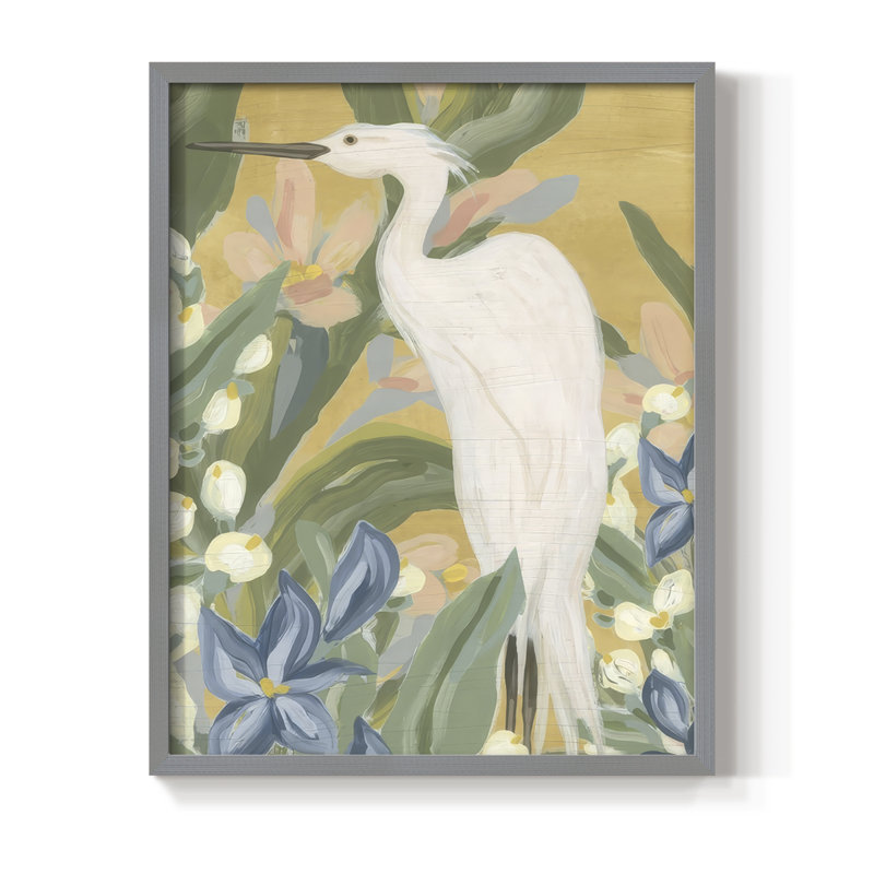 Floral Aigrette I, reproduction encadrée - bois massif, Gris, H 11 po x l 9 po