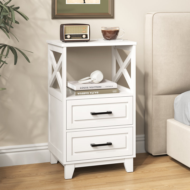 30" Tall Nightstand Modern Painted Wood Bedside Table With 2 Drawers And Open Shelf, White