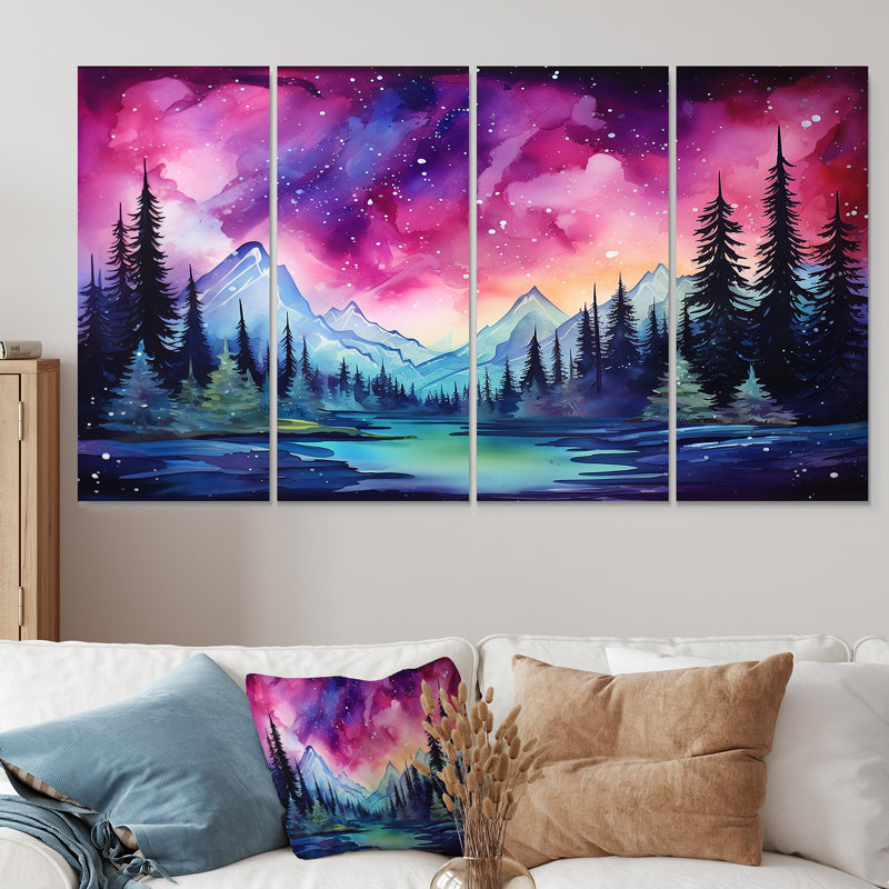 Aurore boréale rose au Canada II - Paysage de montagnes d'hiver, H 28 po x l 48 po
