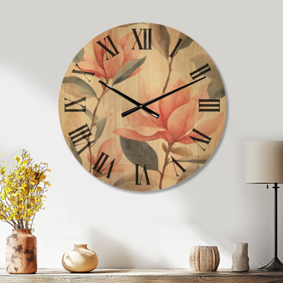Fleur de magnolia rose - Horloge murale surdimensionnée à motif floral, imprimée sur bois