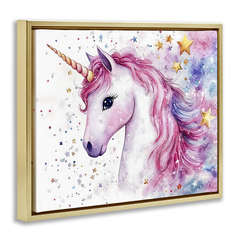 Licorne à crinière rose avec cadre flottant étoiles, design Creative Studio, Cadre flottant métallique doré