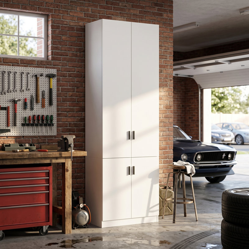 Tall 4-Door Storage Cabinet With Adjustable Shelves – Modern White Garage & Home Organizer