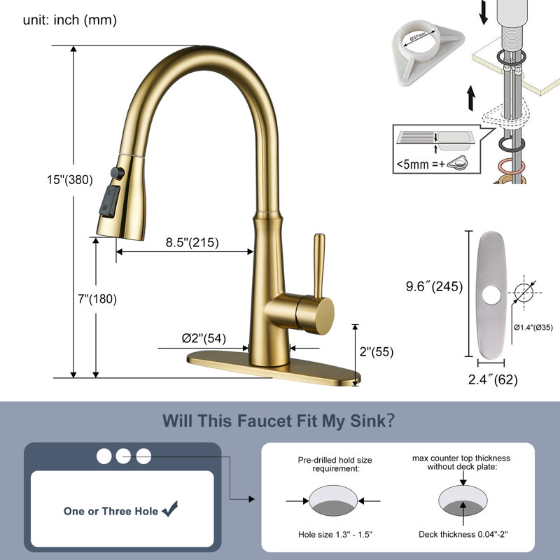 IVIGA Pull Down Single Handle Kitchen Faucet with Advanced Spray, Gold