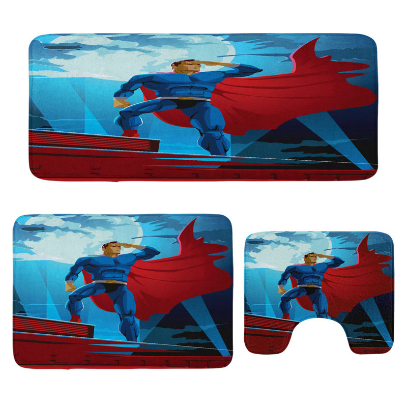  Ensemble de tapis de salle de bain Superhero 3 pièces en U et tapis rectangulaires bleu rouge