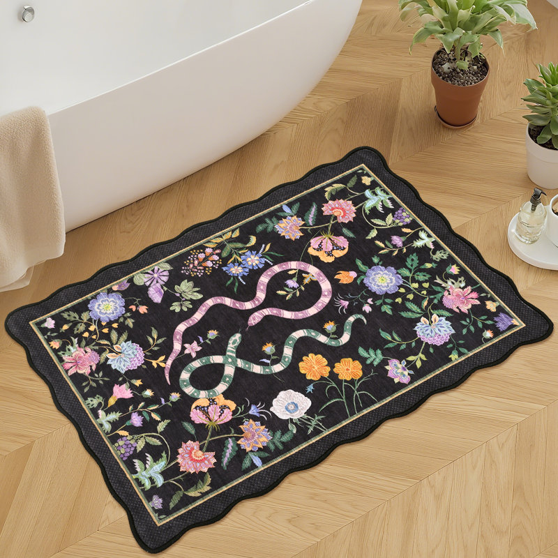 Farmhouse Floral Rug Washable Rug Non Slip Modern Scalloped Carpet, Soft Non Shedding Indoor Carpet, Low Pile Thin Foldable Printed Mat