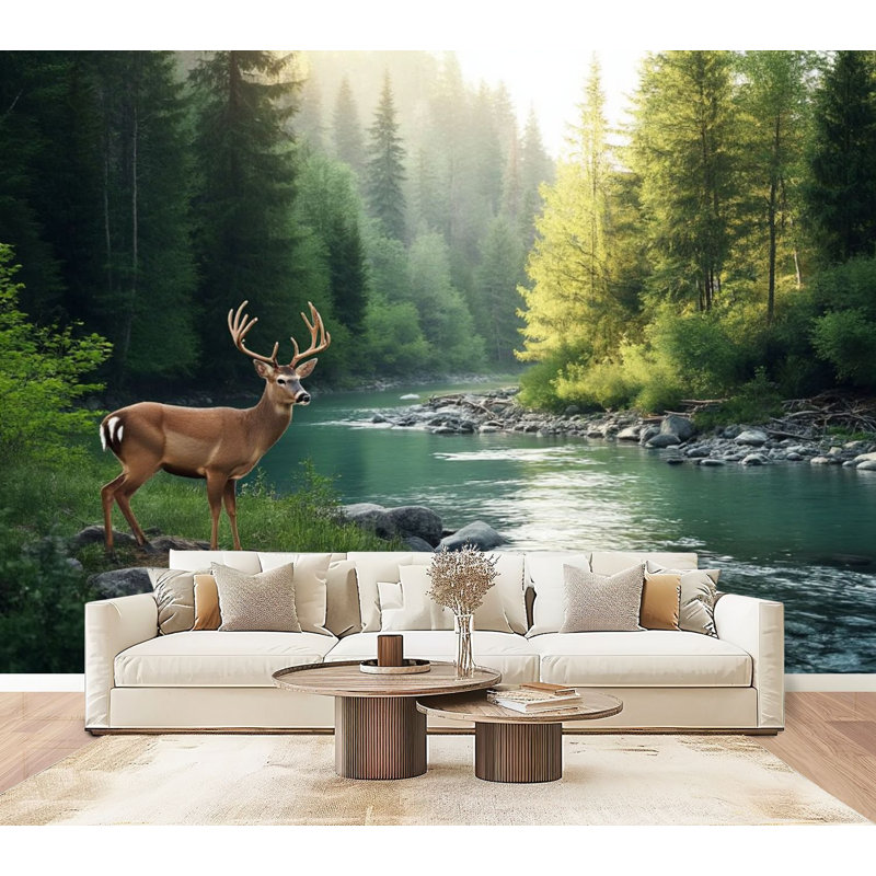 Panneau mural auto-adhésif moderne pour la chambre à coucher Lone Deer Forest, l 96 po x H 69 po, L 96 po x l 69 po