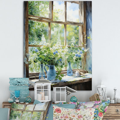 Green And Blue Countryside Window Charm III - Farmhouse Windows Wall Art