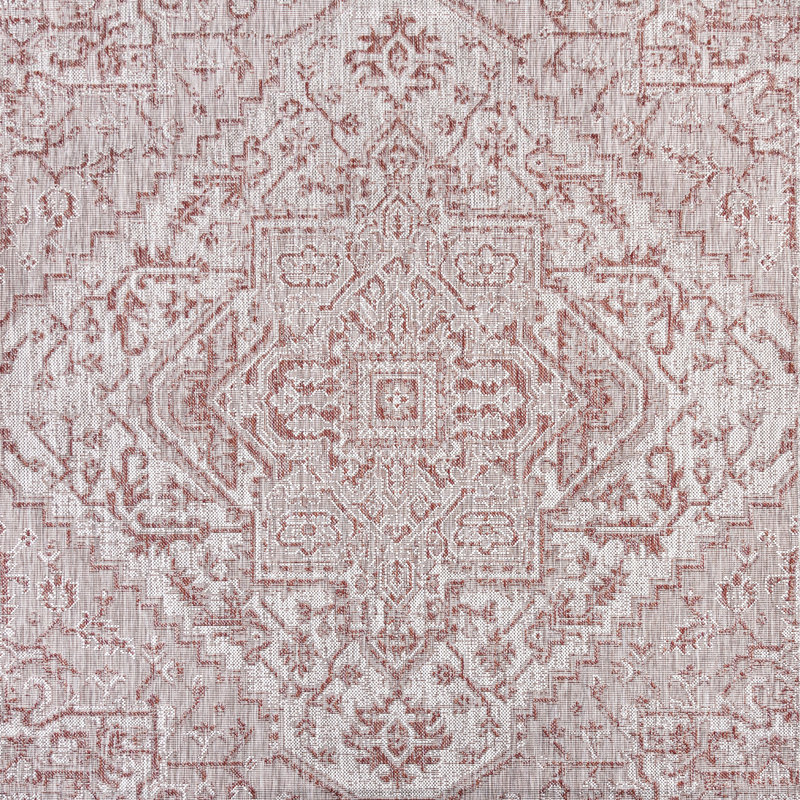 Truman Bohemian Medallion Textured Weave Red/Taupe Indoor/Outdoor Rug, Square 5'3"