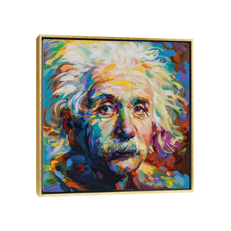 « Einstein » par Leon Devenice, reproduction d’art, H 18 po x l 18 po x 1,5 po, Toile encadrée d'or, Pas de tapis