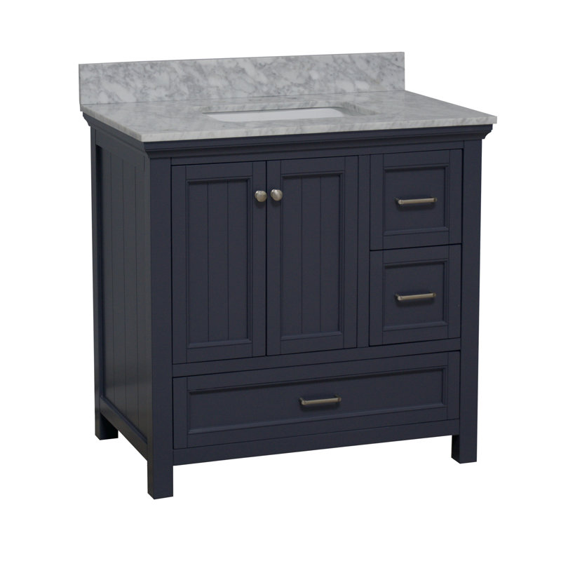 Ensemble de meuble-lavabo simple 36 po avec meuble gris marine et comptoir en marbre de Carrare Maven, Gris marine