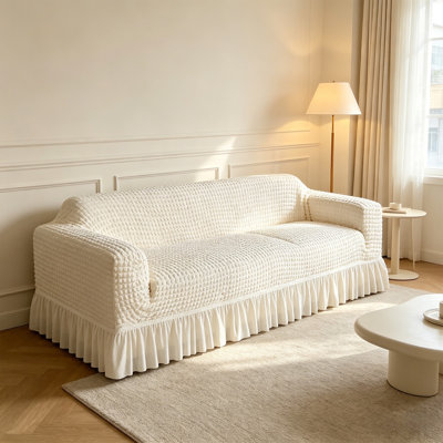 Stretchy Textured Sofa Cover With Ruffled Skirt Universals Polyester Couch Slipcover For Living Room