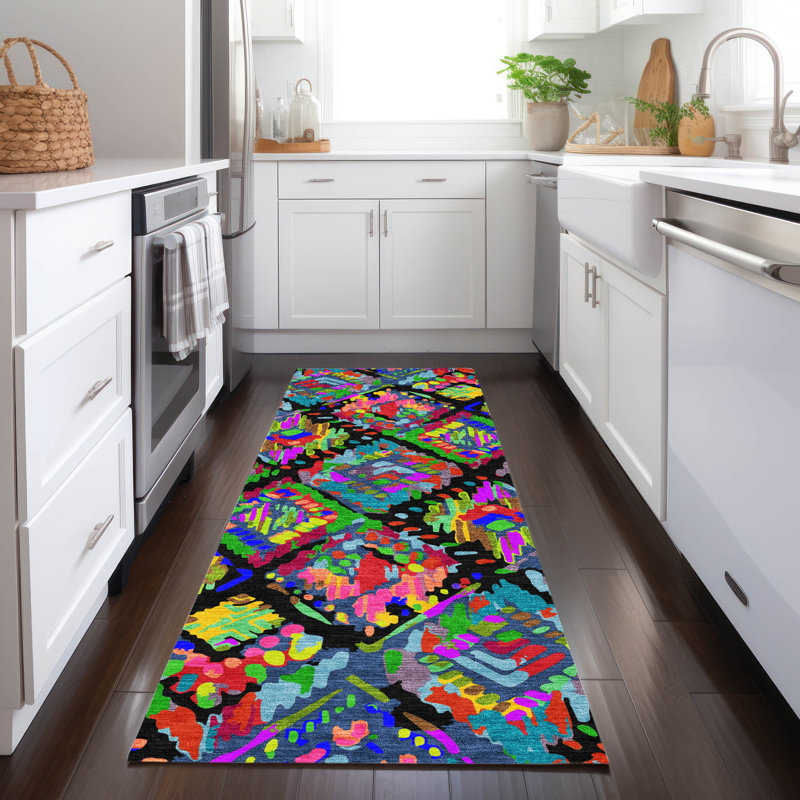 Machine Washable Indoor/Outdoor Christain ACN1327 Black Rug, Runner 2'3" x 7'6"