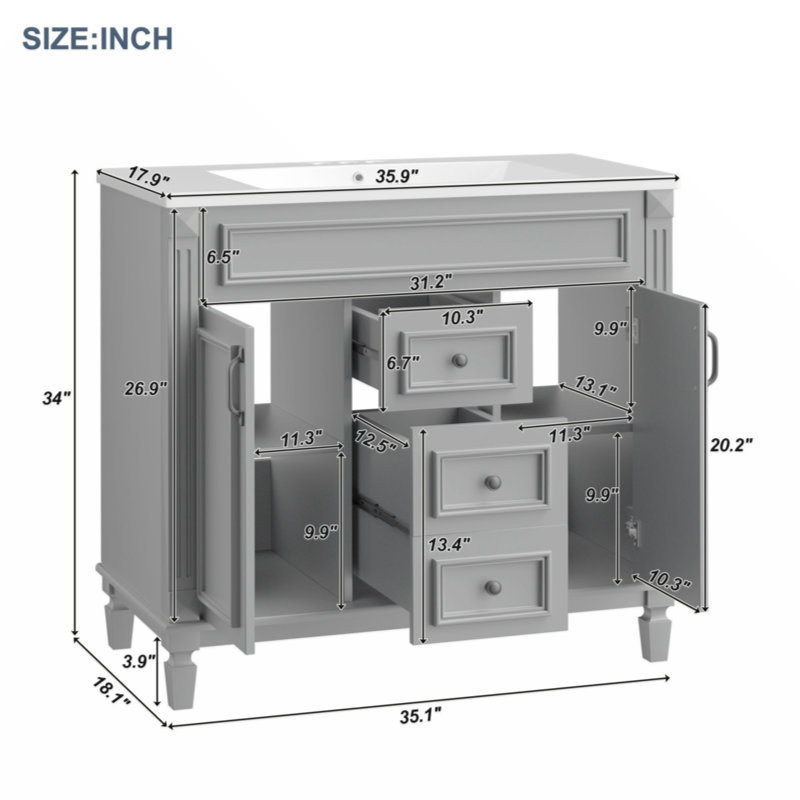 35.9'' Single Bathroom Vanity with MDF Top, Gray