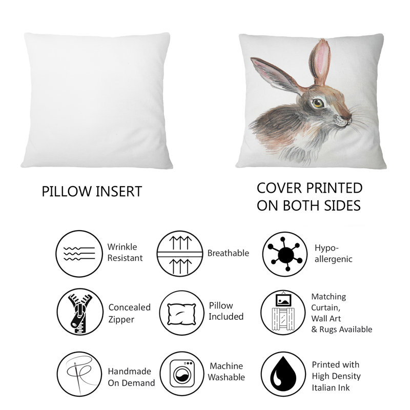 Portrait d'un lapin gris - coussin décoratif traditionnel imprimé 1