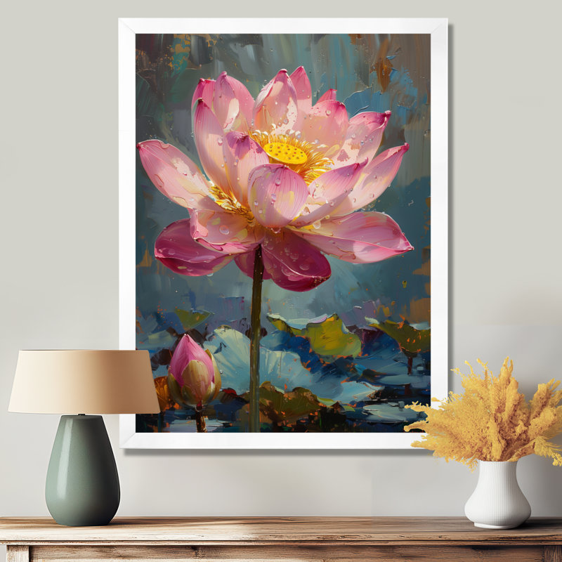 Décoration de lotus rose et gris - étang de lotus, Cadre flottant noir, H 24 po x l 32 po