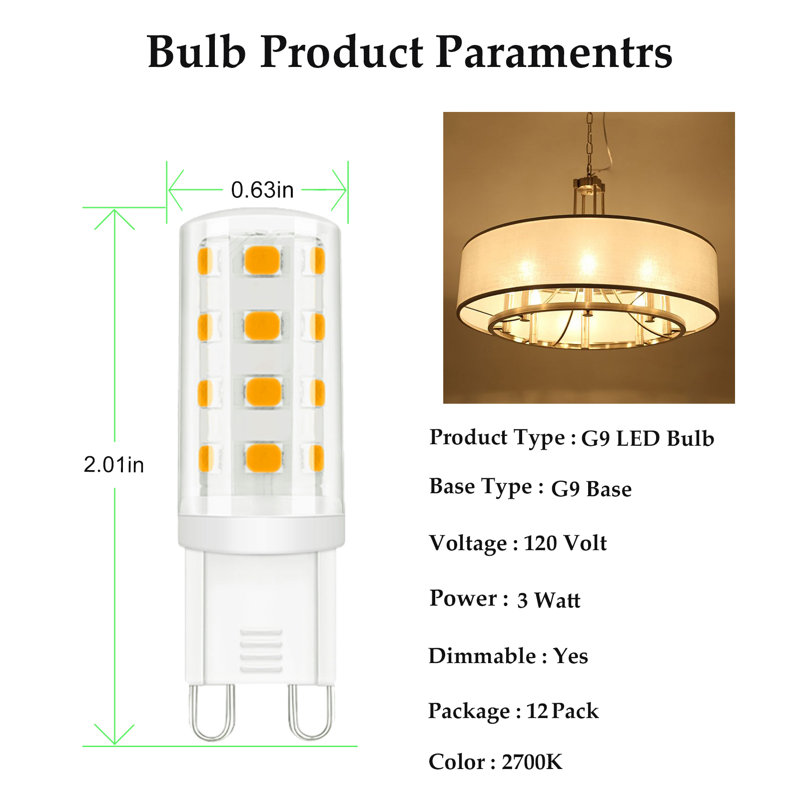 3 Watt (40 Watt Equivalent) G9 LED, Dimmable Light Bulb G9/Bi-pin Base, 2700