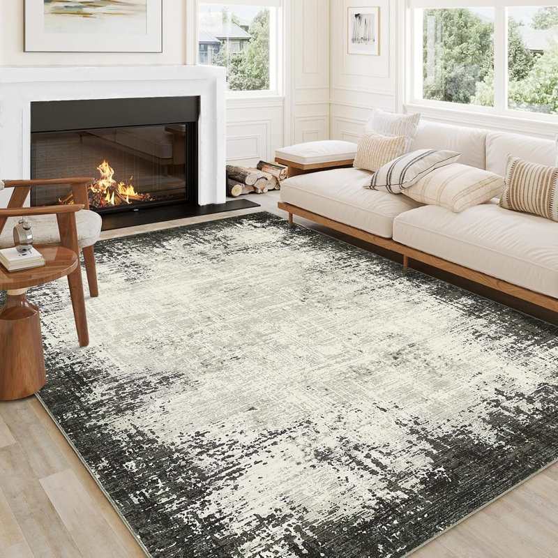 Area Rug 5x7 Washable Soft Modern Bordered Abstract Rugs Low Pile Non-Slip Foldable Throw Rug Carpet Dining Room Home (Navy Blue/Grey 5'x7')