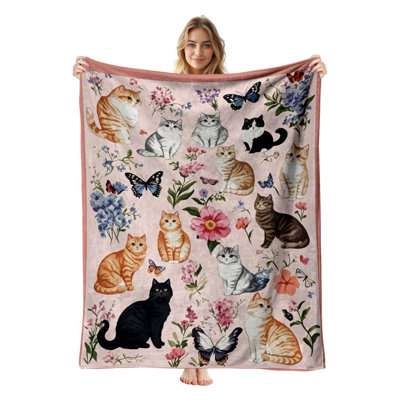 JYK Flannel Fleece Twin Blanket, Lightweight, Breathable, Soft Cozy Warm Plush Microfiber, 60"x80",  Orange Cats Pink