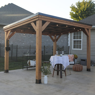 Backyard Discovery Arcadia 12' x 9.5' Cedar Wood Outdoor Patio Gazebo with Hardtop Galvanized Steel Slope Roof and PowerPort
