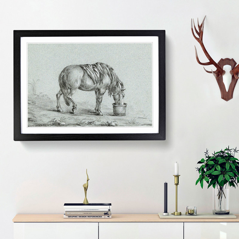 A Drinking Horse by Jean Bernard - Single Picture Frame Print, 45cm H x 63cm W x 2cm D, Black Framed