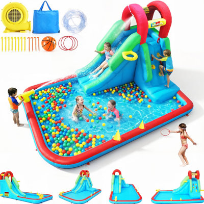 Inflatable Water Slide For Kids, 8-In-1 Blow Up Water Slide, Compact Water Park With Long Slide, Ring Toss, Basketball Hoop, Water Cannon