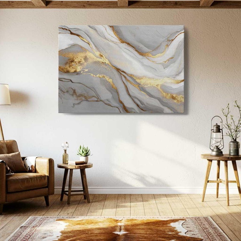 Toile en marbre blanc et or, art mural fluide abstrait - impression de pierre grise de luxe, décor de texture liquide moderne pour salon glamour