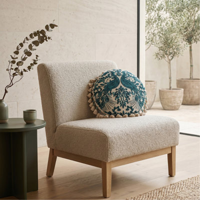 Coussin de sol brodé avec pompons et rembourrage, rond 51 x 51 x 9 cm, motif paon bohème décoratif, idéal pour la méditation, le salon, la chambre et le coin détente.