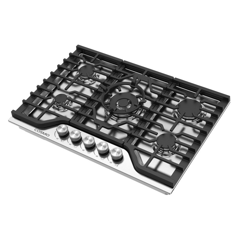Cosmo 30 po Plaque de cuisson au gaz avec 5 brûleurs, boutons en métal et grilles en fonte Vista Steel