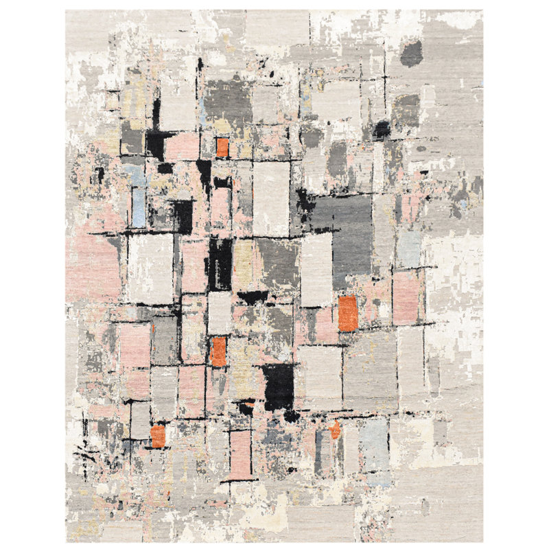 Hand Knotted Abstract Area Rug in Beige/Black/Gray/Pink, Rectangle 8' x 10'