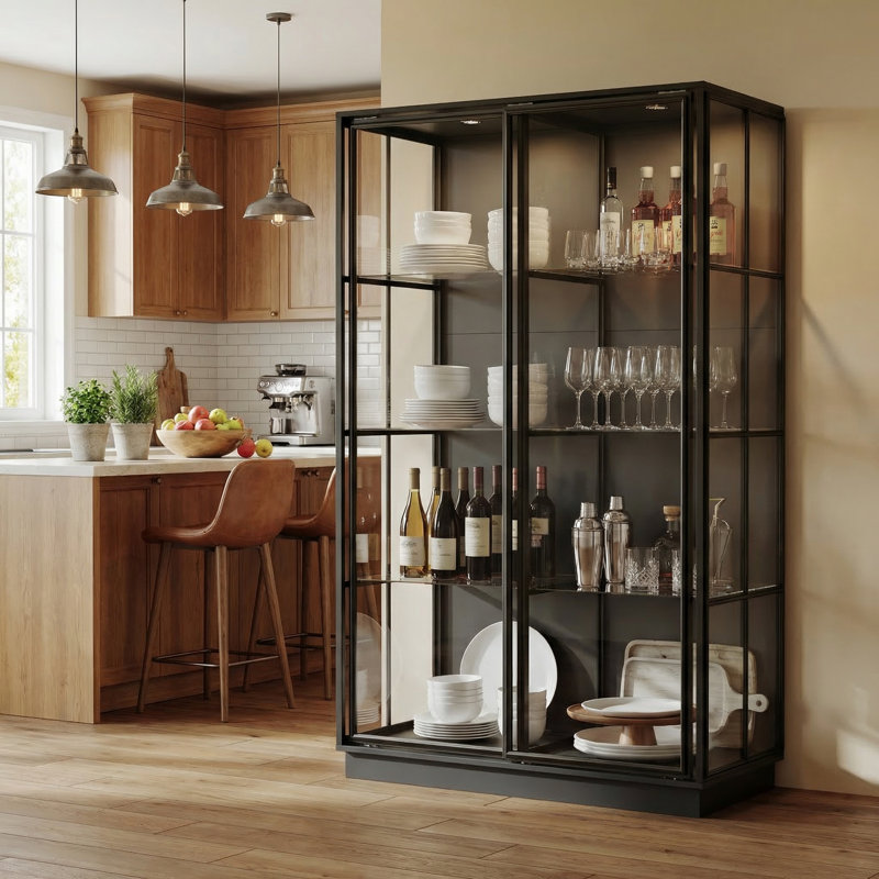 Glass Sliding Doors Curio Cabinet With LED Lighting – Tempered Glass Display Case