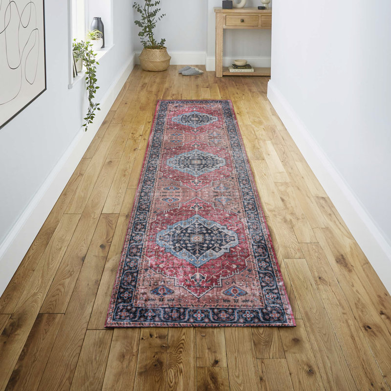 Tapis rouge / bleu / brun Sarok Ogee Medallion, Tapis de couloir 2 pi x 8 pi