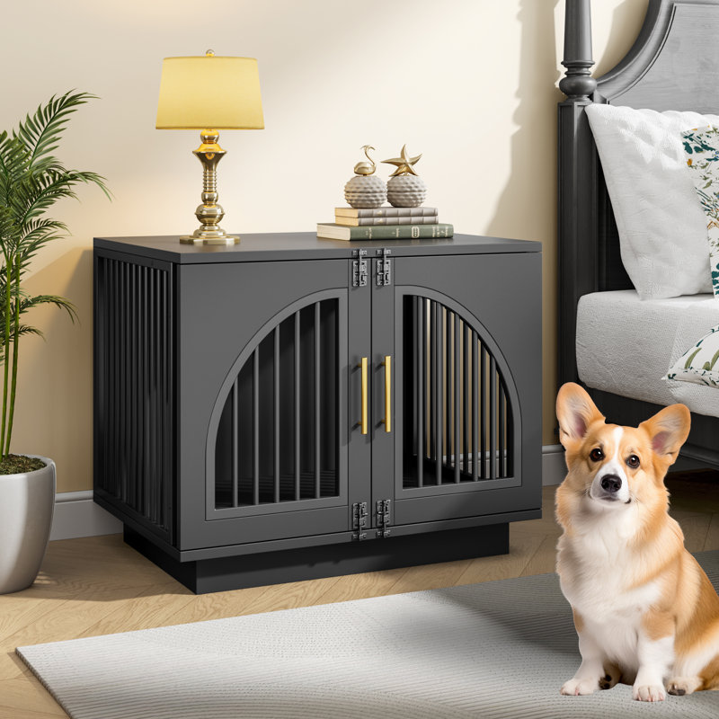  Table de bout en bois pour caisse de chien, chenil décoratif pour animaux avec portes doubles et loquets de sécurité pour petits chiens moyens, noir