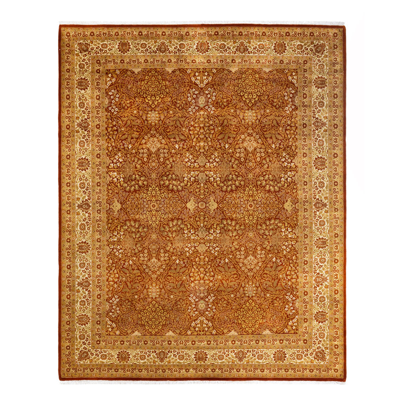 Tapis orange / rouge en laine noué à la main de conception unique 8 pi 2 po x 10 pi 1 po Hilpa