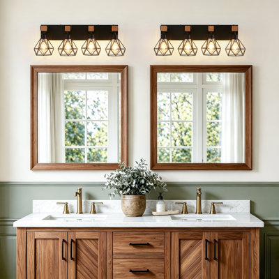 Luminaire de meuble-lavabo noir 27 po à 4 lumières de style campagnard avec accents en bois et abat-jour géométrique en métal pour la salle de bain, le miroir, la chambre à coucher ou le salon (ampoule non incluse)