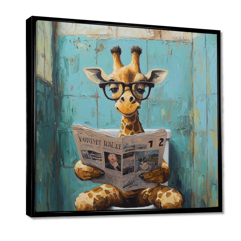 Kenaniah girafe lisant les nouvelles dans la salle de bain - art mural girafe, Impression encadrée flottante