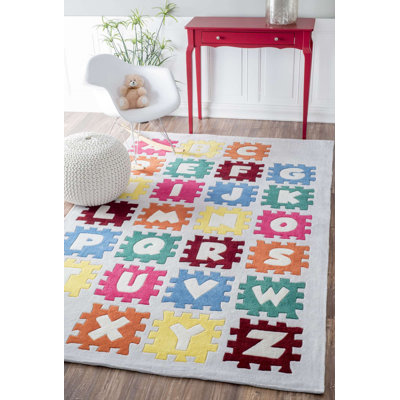 Gossoncourt Cine Puzzle Alphabet Kids Hand-Tufted Ivory Area Rug