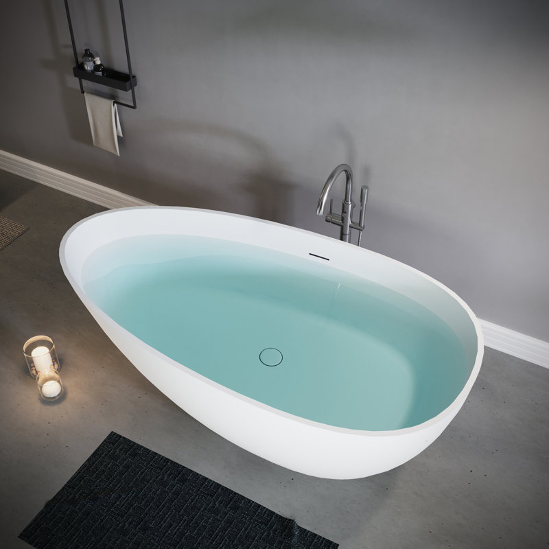 Freestanding 59" Solid Surface Luxury Soaking Stone Resin Bathtub In Matte White, Adjusted To Contemporary Bathroom Provisions, With Overflow And Pop - Up Drain, Excellent Heat Retention Point,