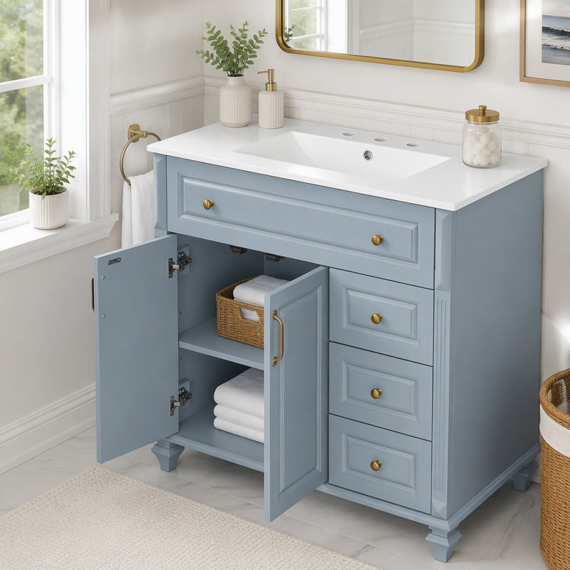 Meuble-lavabo de 91 cm (36 po) avec lavabo et tiroir rabattable, Bleu gris