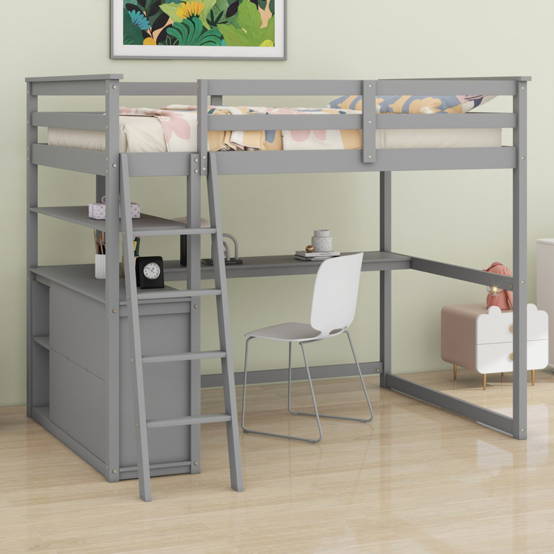 Loft Bed With Desk And Shelves,Drawers, Gray
