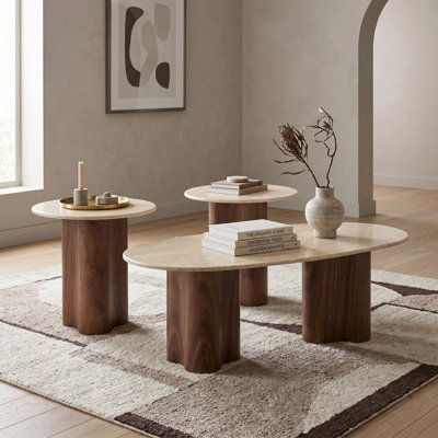 Ensemble de tables basses 3 pièces avec plateau en pierre frittée et base piédestal