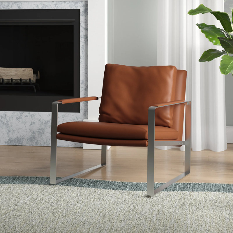 16.5'' H Faux Leather Upholstered Armchair, Tan Faux Leather, Chrome