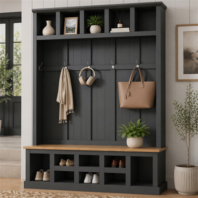Farmhouse Hall Tree with Wide Storage Seating Bench, Entryway Shoe Cabinet with 13 Cubby Compartments, Coat Rack Featuring 6 Hooks, Multifunctional Organizer for Mudroom, Entryway & Living Room