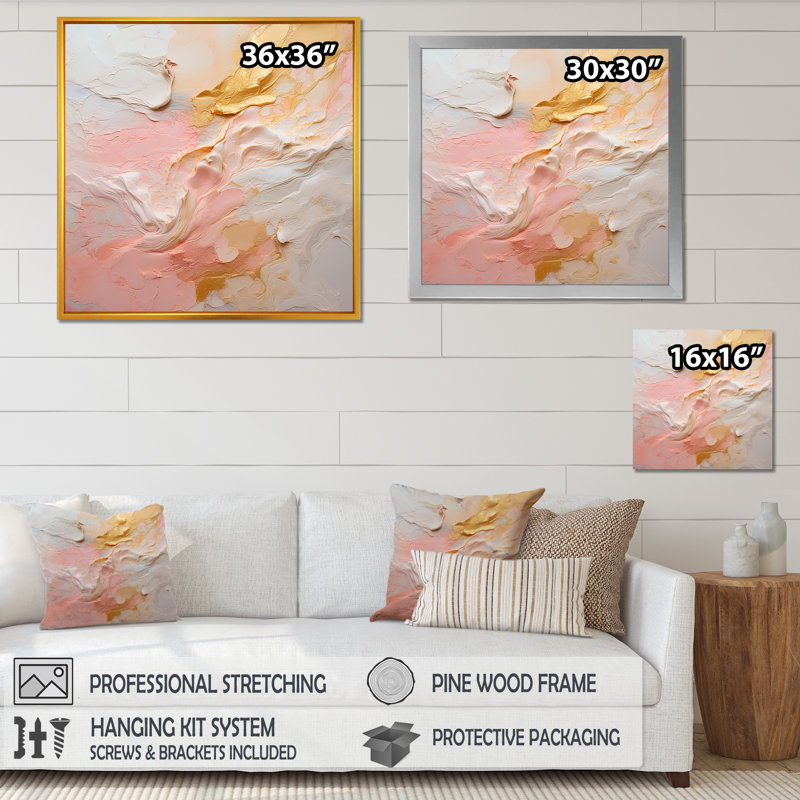 «Gold and Pink Paint Fusion I», reproduction sur toile, Cadre simple noir, H 36 po x l 36 po x P 1,5 po