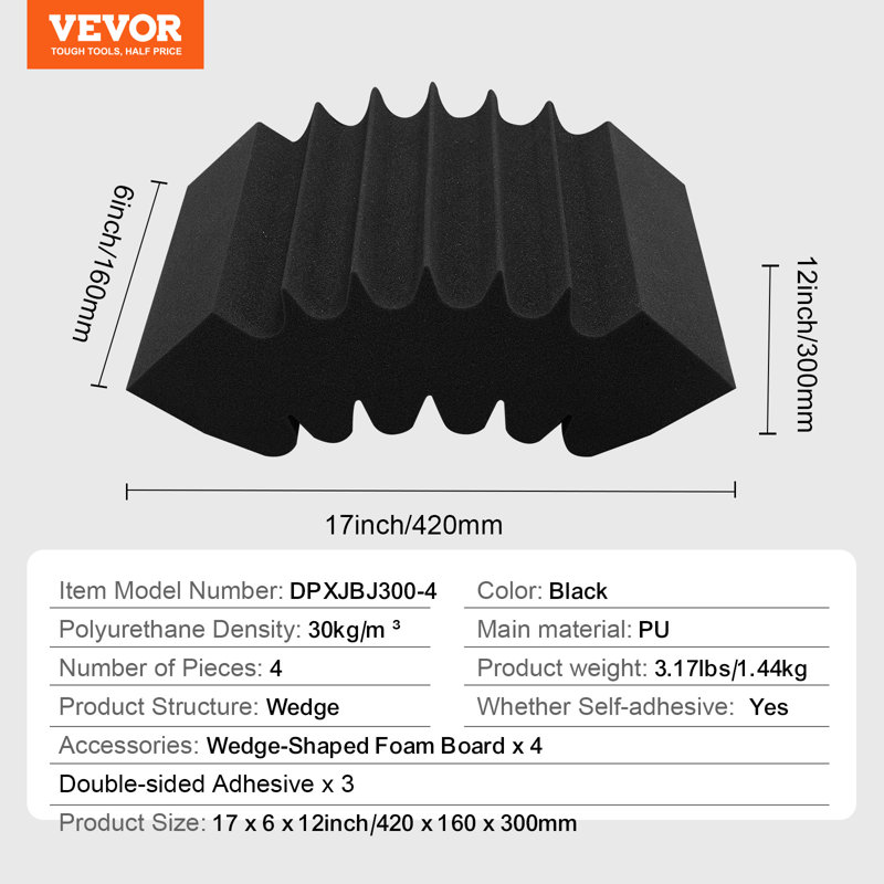 Acoustic Foam Panels 4 Pack 16.5 x 6.3 x 12 in Adhesive for Wall Ceiling
