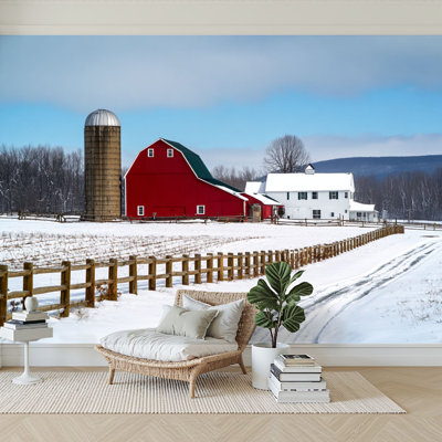 Peel and Stick Wallpaper 96" W x 69" H Modern Self Adhesive Wall Mural for Bedroom Red Barn White Farmhouse Silo Snowy Winter Countryside Landscape Under